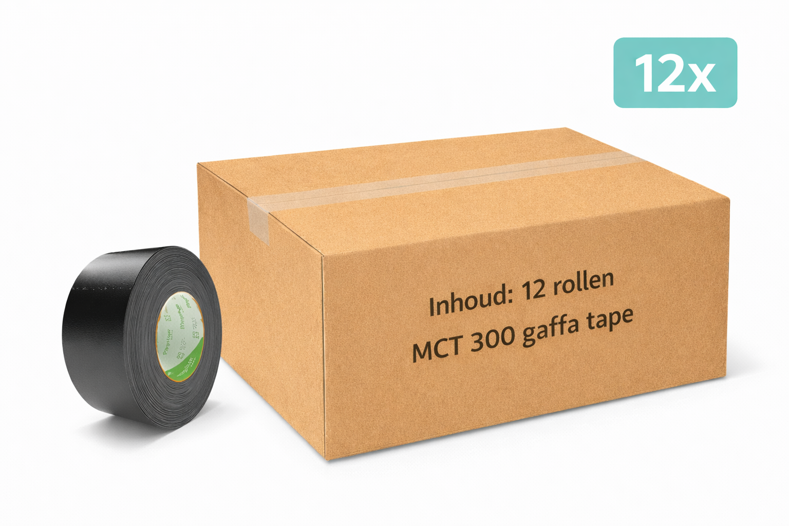 doos met 12x MegaTape MCT 300 Gaffa tape 100 mm zwart rol 50m voor events, theater en beurzen