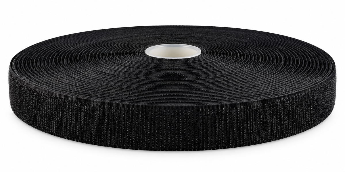 Kardborreband · hakband, svart · självhäftande K64 · PA/PES · 25 mm · rulle 25 m