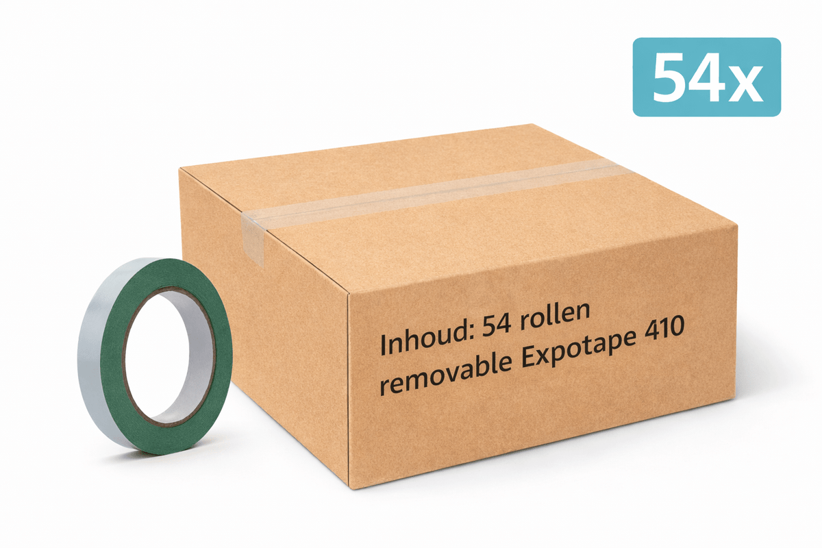 MegaTape 410 dubbelzijdige expotape groen 25 mm – kartonnen doos met 54 rollen en een losse rol ervoor